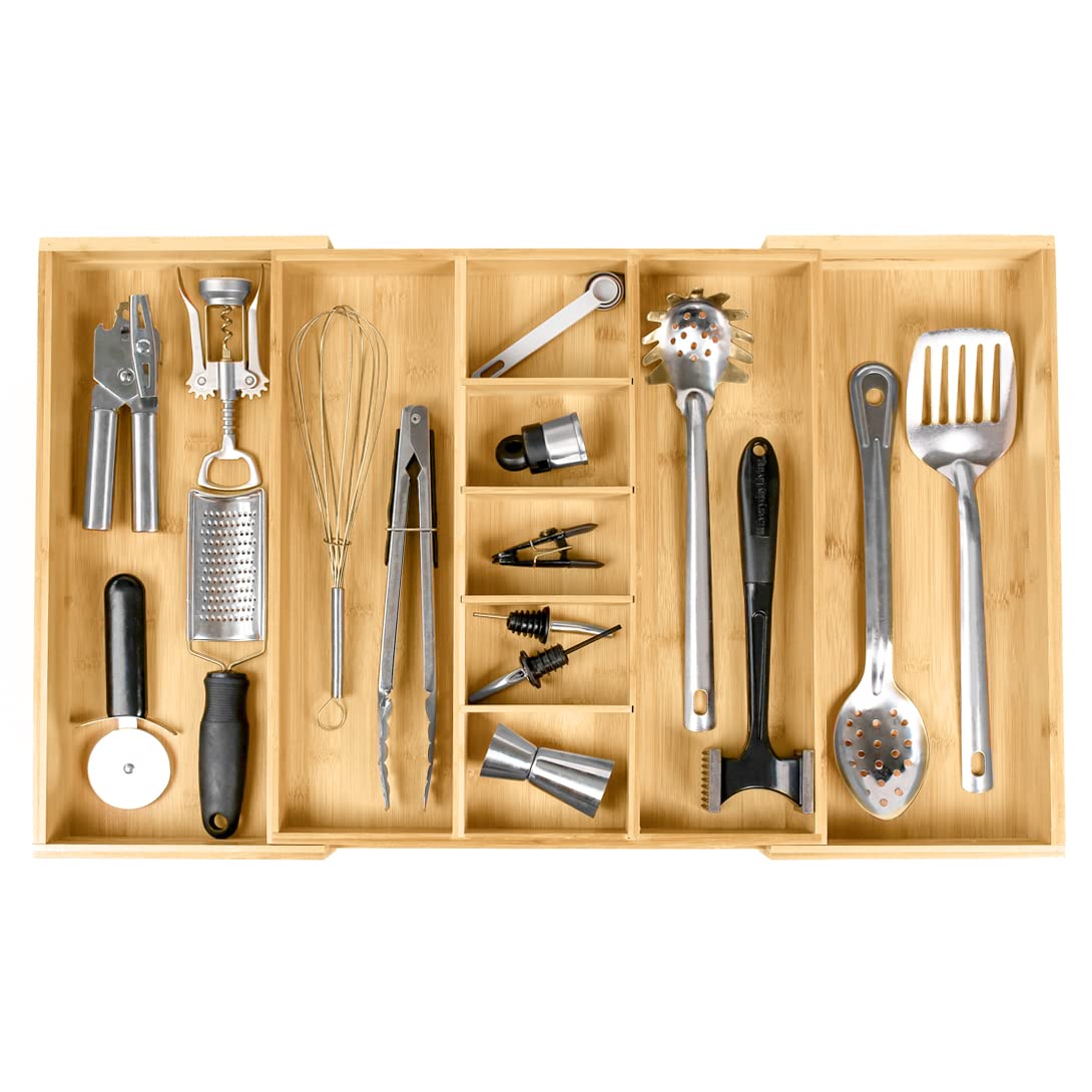 KitchenEdge organizador de cajón en bambú ajustable para utensilios, orden inmediato