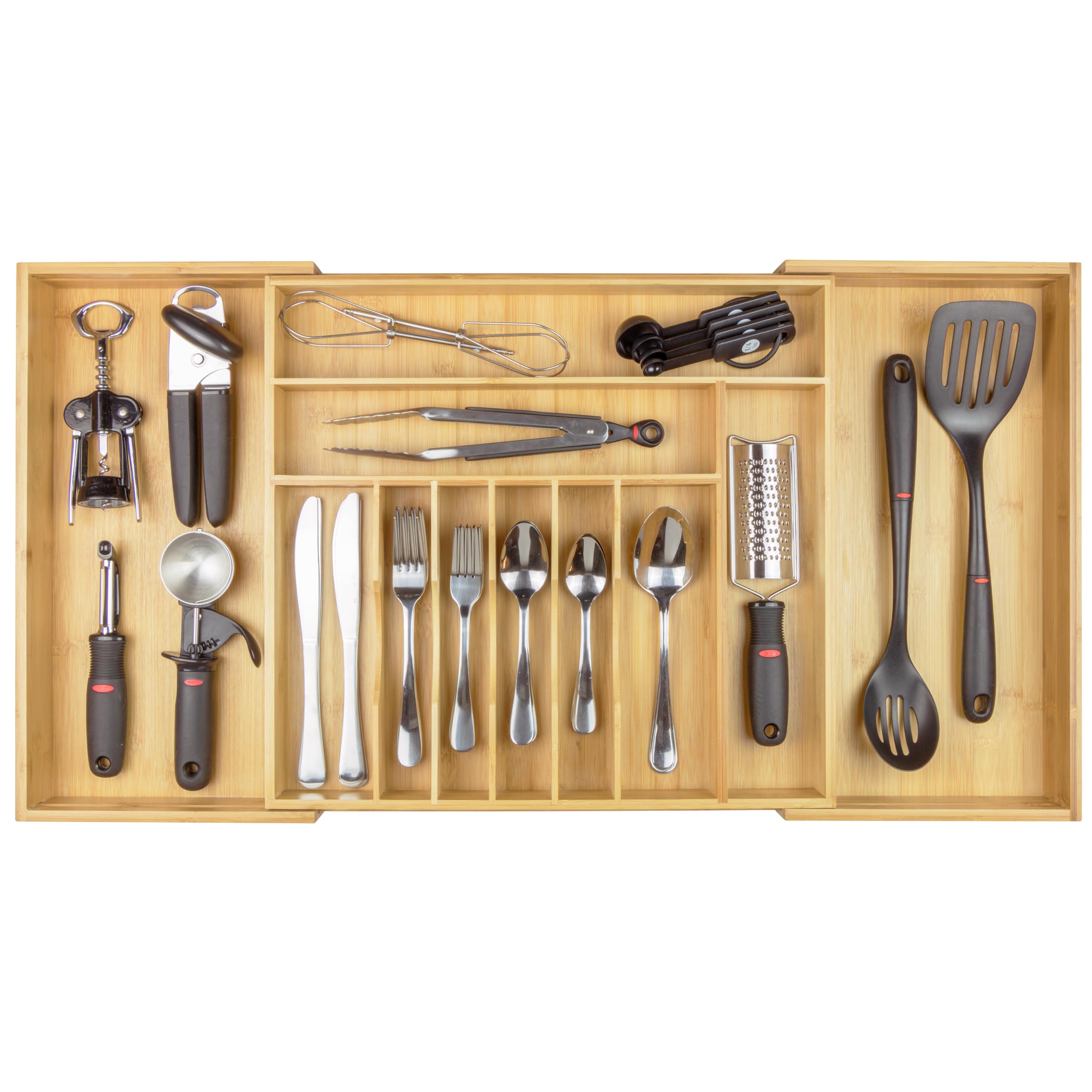 KitchenEdge organizador de cubiertos de bambú extendible para ahorrar espacio en el cajón.