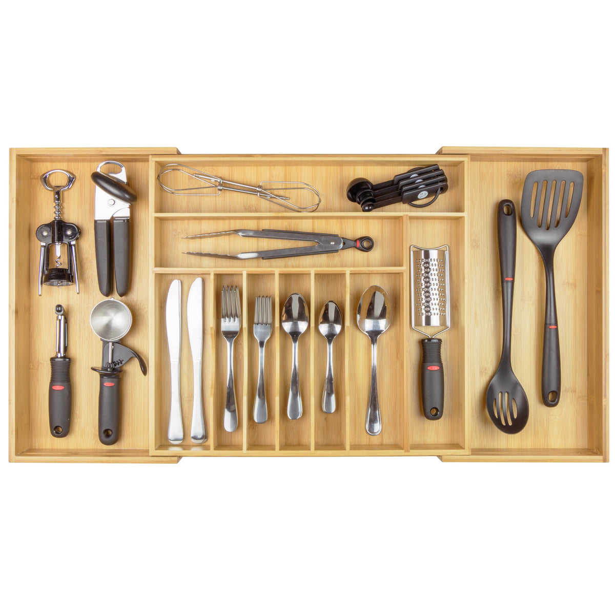 KitchenEdge organizador de cubiertos de bambú extendible para ahorrar espacio en el cajón.
