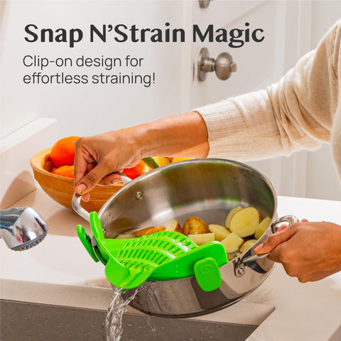 Kitchen Gizmo: colador acoplable para ollas y sartenes, drenaje cómodo y manos libres.