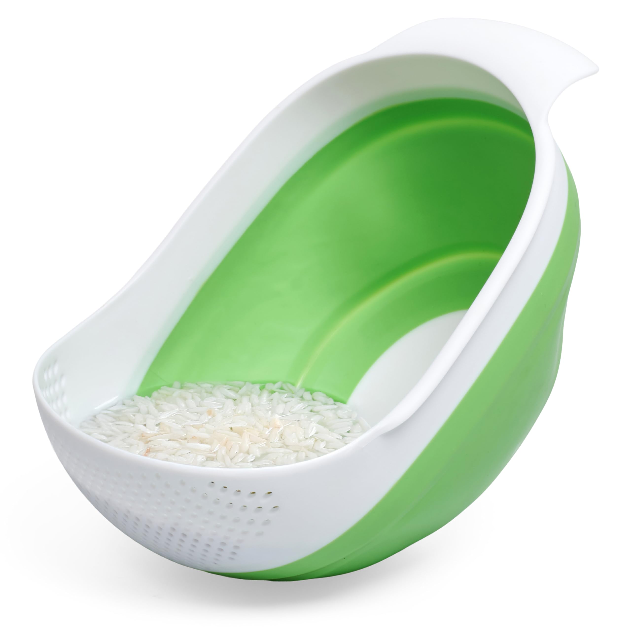 Colador de arroz colapsable Kitchen Gizmo en verde gris, ahorro de espacio.