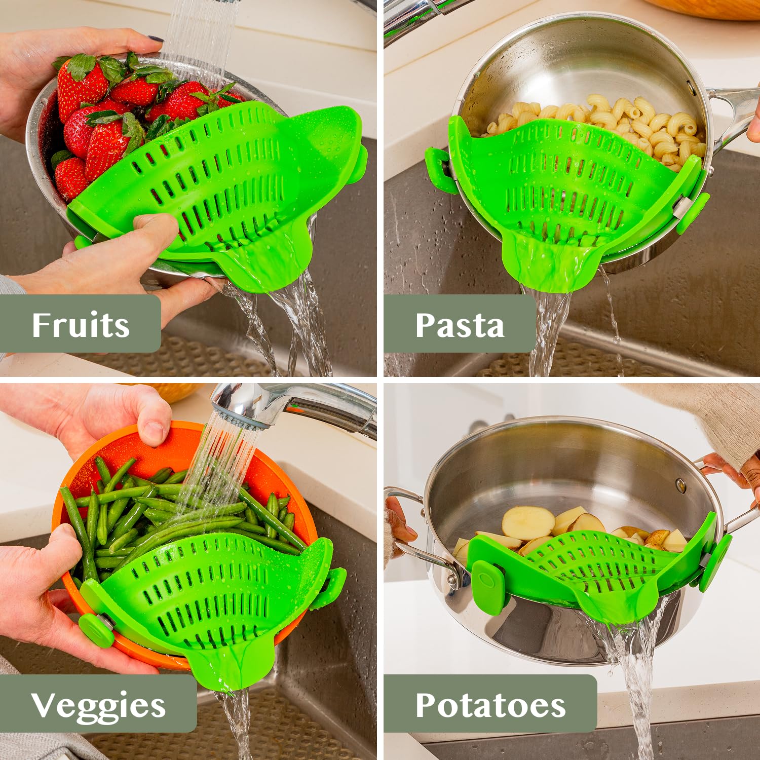 Kitchen Gizmo uso manos libres para escurrir verduras y pasta.