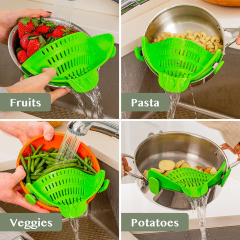 Kitchen Gizmo uso manos libres para escurrir verduras y pasta.
