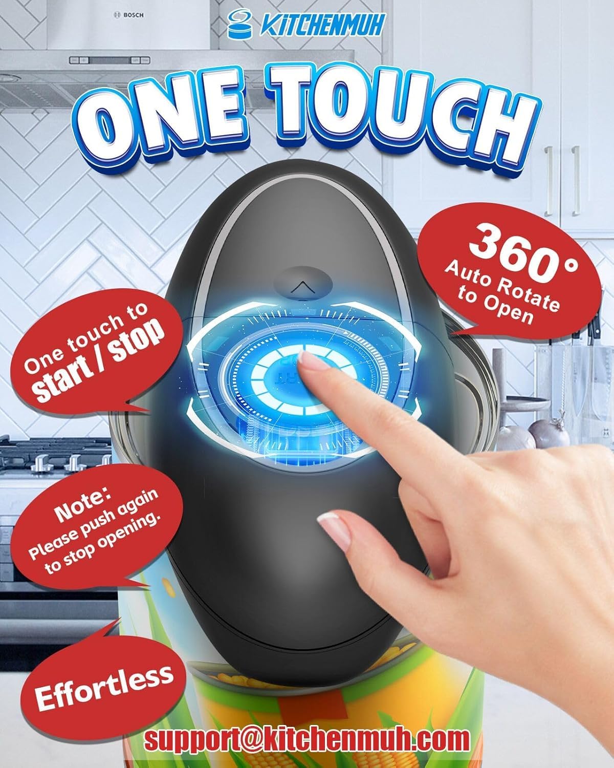 KITCHENMUH abrelatas eléctrico One Touch admite latas redondas, cuadradas y ovaladas
