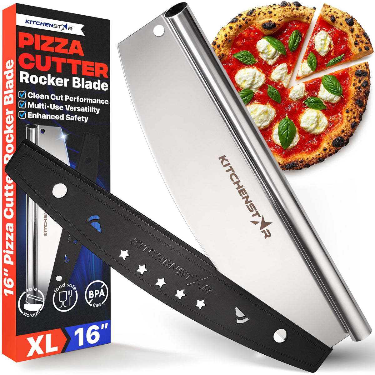 KitchenStar cortador pizza balancín 16 pulgadas para cortes limpios y rápidos.