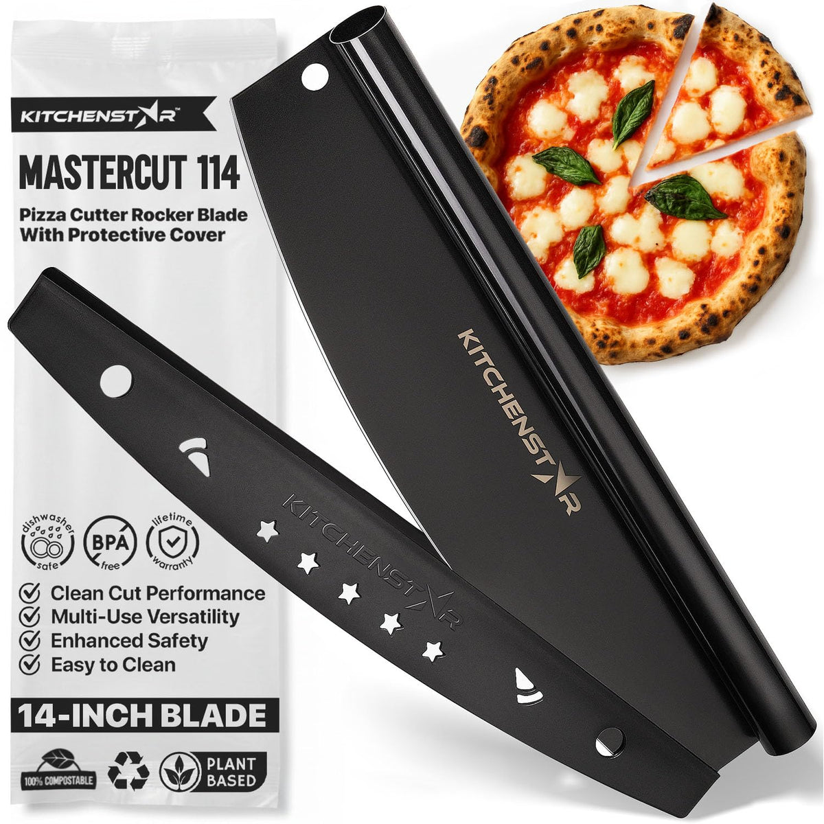Cortador de pizza basculante KitchenStar de 14 pulgadas para cortes limpios.