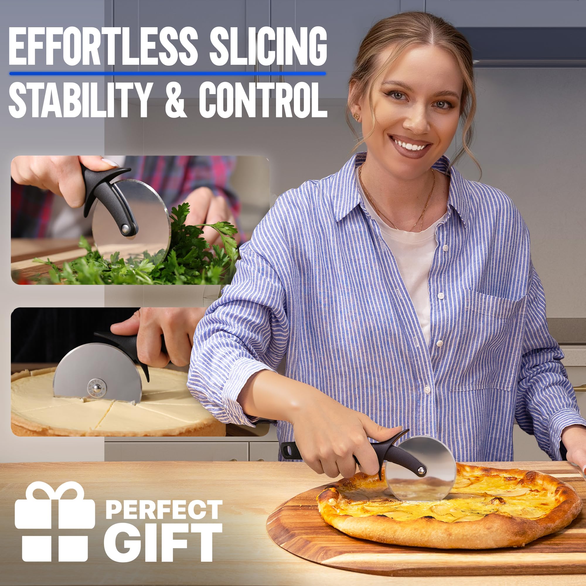 Cortapizza KitchenStar con eje estable anti-vuelco para movimientos suaves.