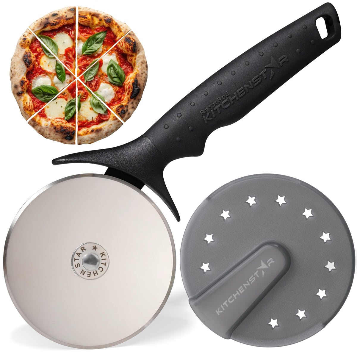 Cortapizza KitchenStar con hoja 304 inoxidable para cortes precisos.