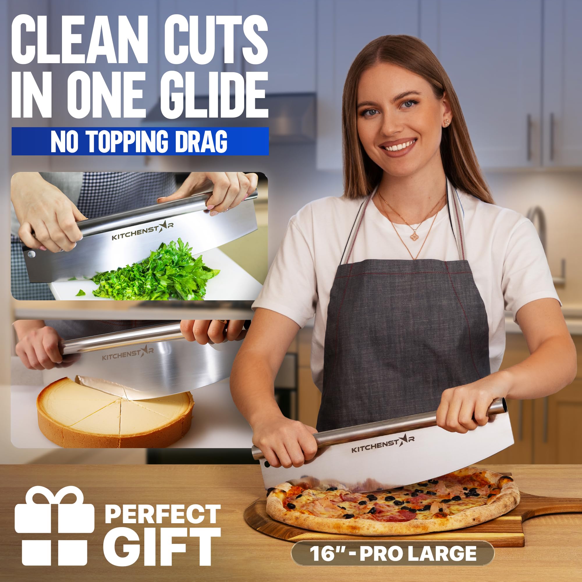 KitchenStar cuchilla acero inoxidable ofrece corte preciso y duradero para pizzas.