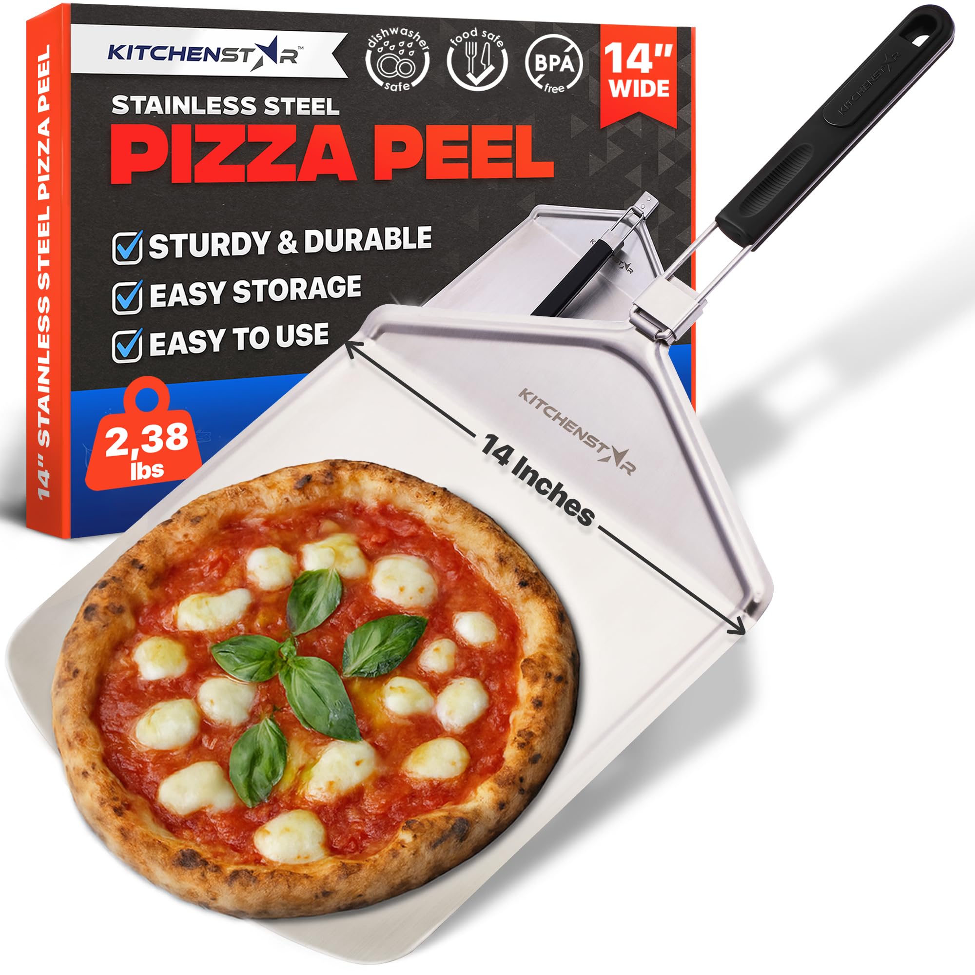 KitchenStar pala para pizza de 14 pulgadas con mango plegable facilita el traslado seguro.