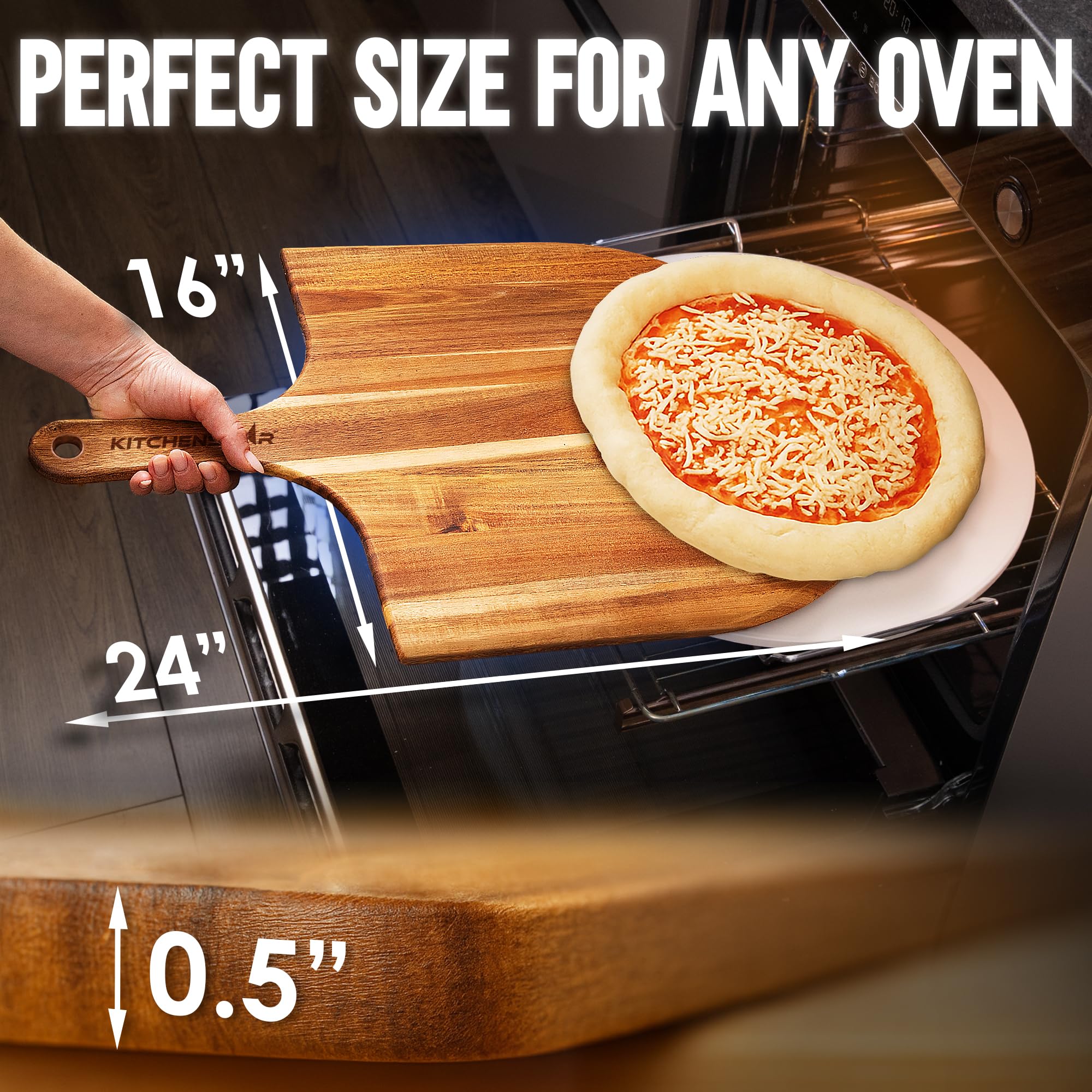 Tabla de cortar y servir KitchenStar en acacia, ideal para cortar y presentar pizzas.