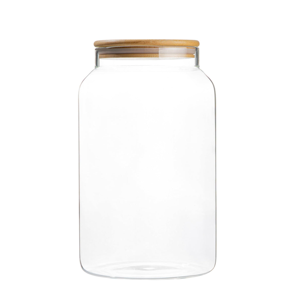 Tarro de vidrio KitchenToolz 1 galón con tapa de bambú, primer plano, sellado hermético para frescura
