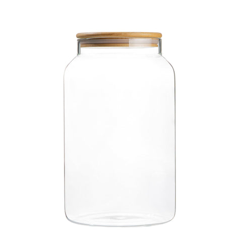 Tarro de vidrio KitchenToolz 1 galón con tapa de bambú, primer plano, sellado hermético para frescura