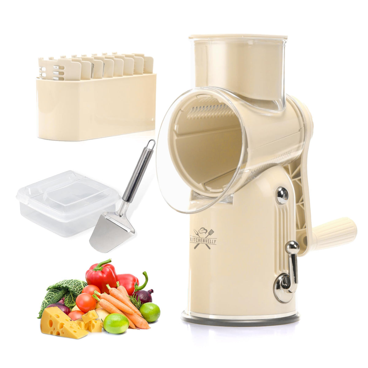 KitchenVelly rallador rotatorio 5 en 1 en primer plano, ideal para queso y verduras.