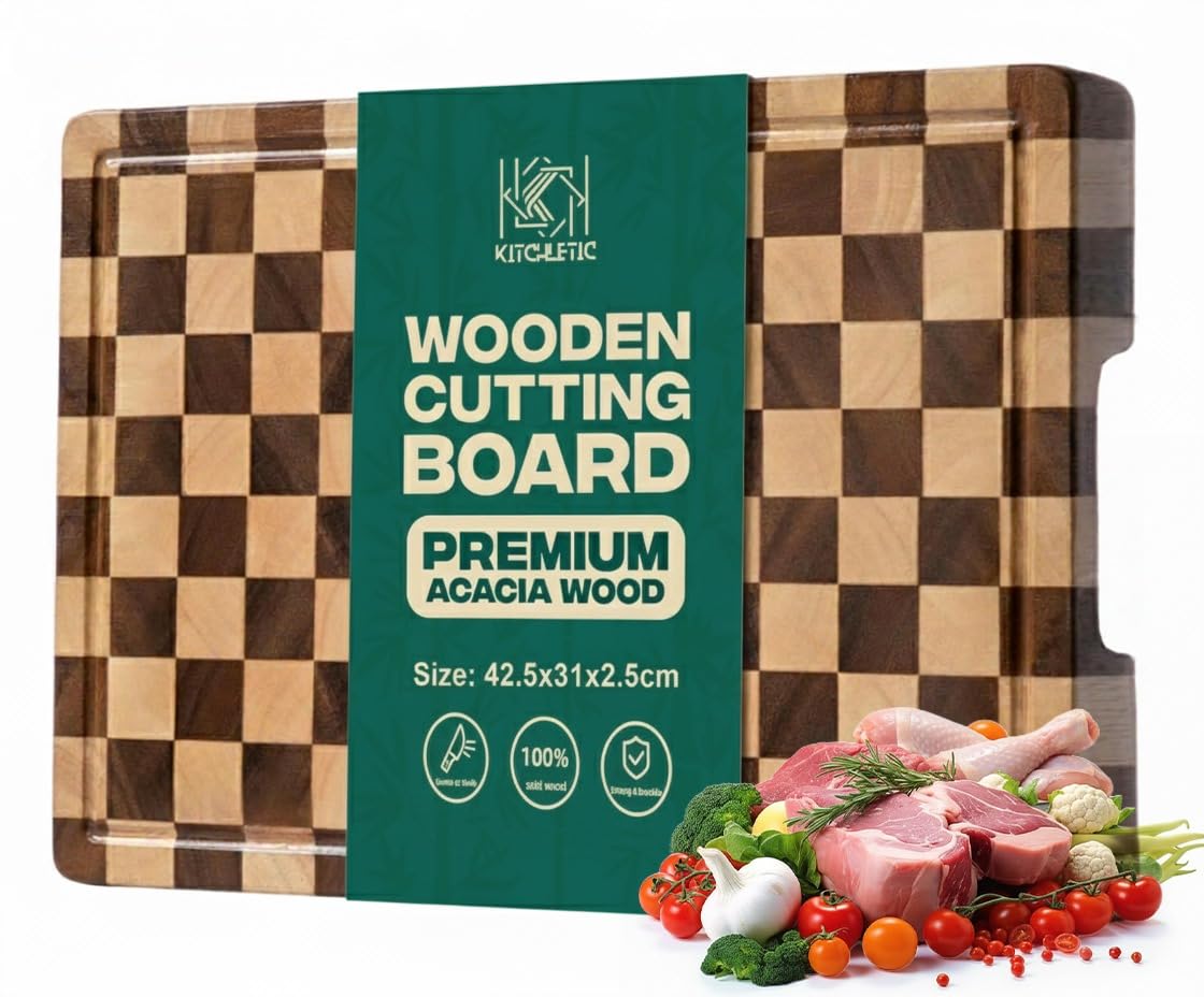 Kitchletic tabla de cortar a cuadros de madera, superficie duradera para uso diario.