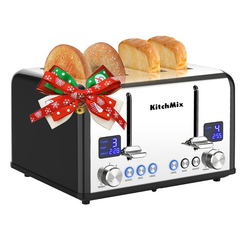 Tostadora KitchMix de 4 rebanadas con panel digital para control preciso.