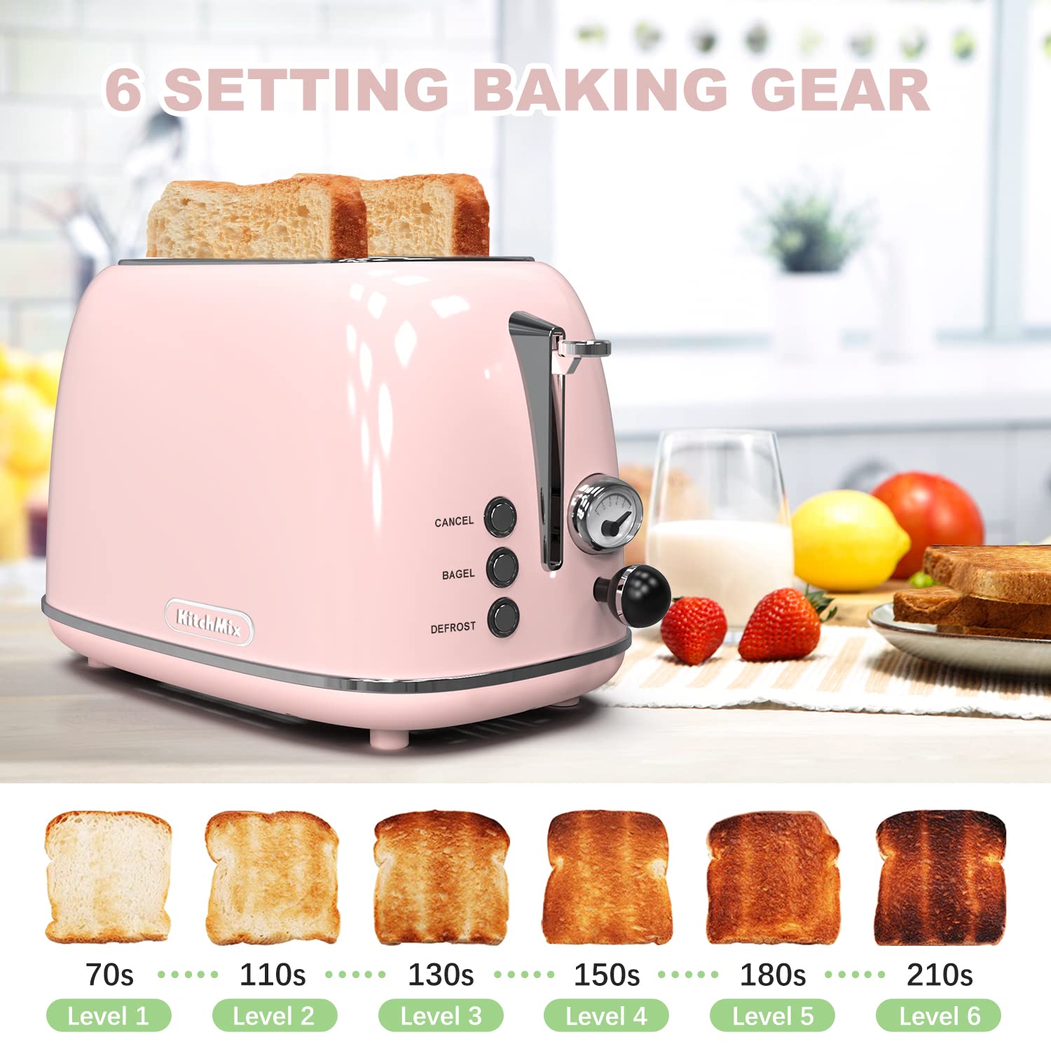 Tostadora KITCHMIX con 6 ajustes para dorados personalizados.