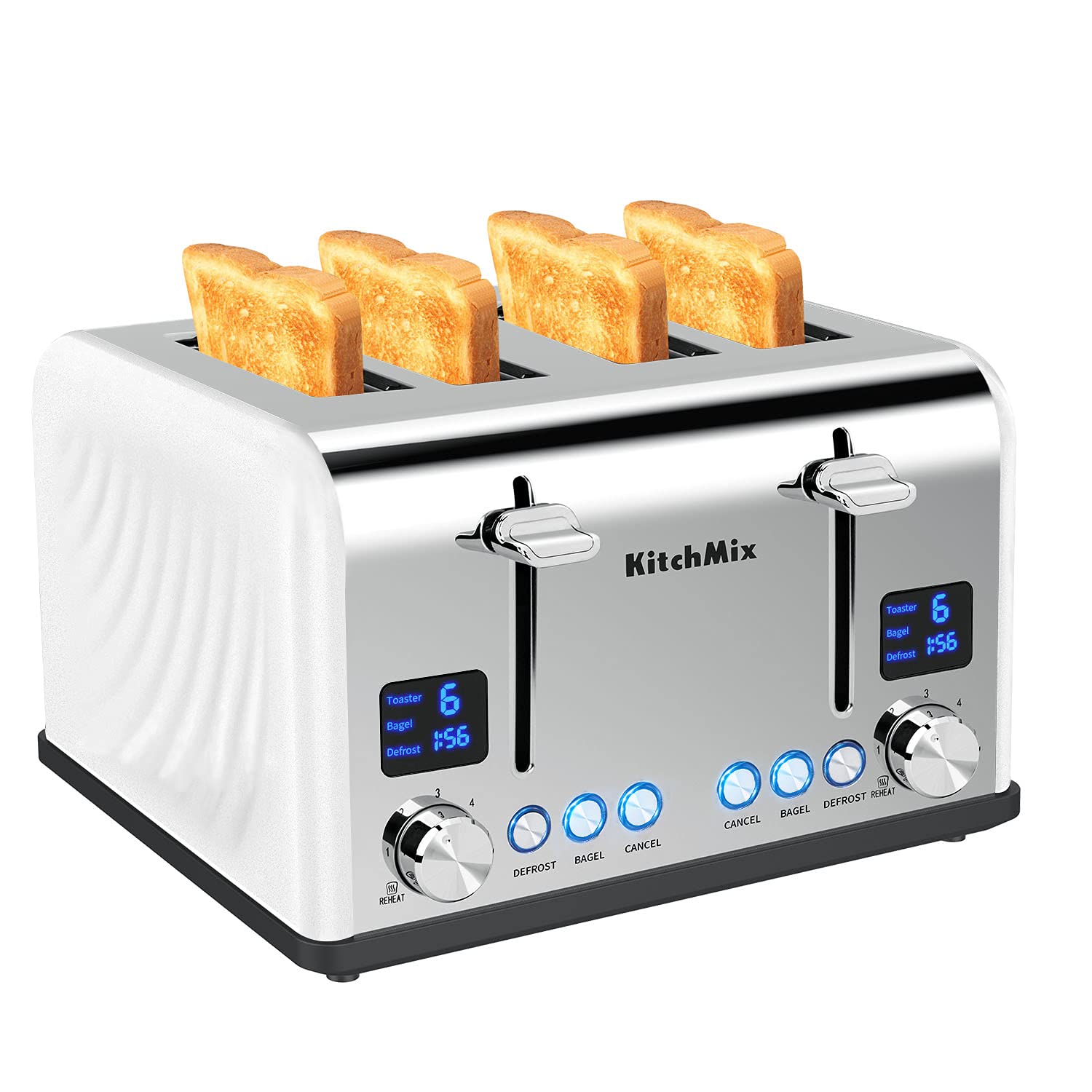 Tostadora KitchMix blanca con diseño compacto para cocinas modernas