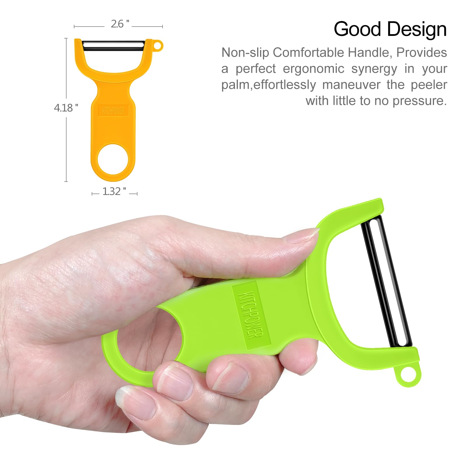 KITCHPOWER pelador seguro, manejo cómodo, reducción de fatiga durante tareas repetidas.