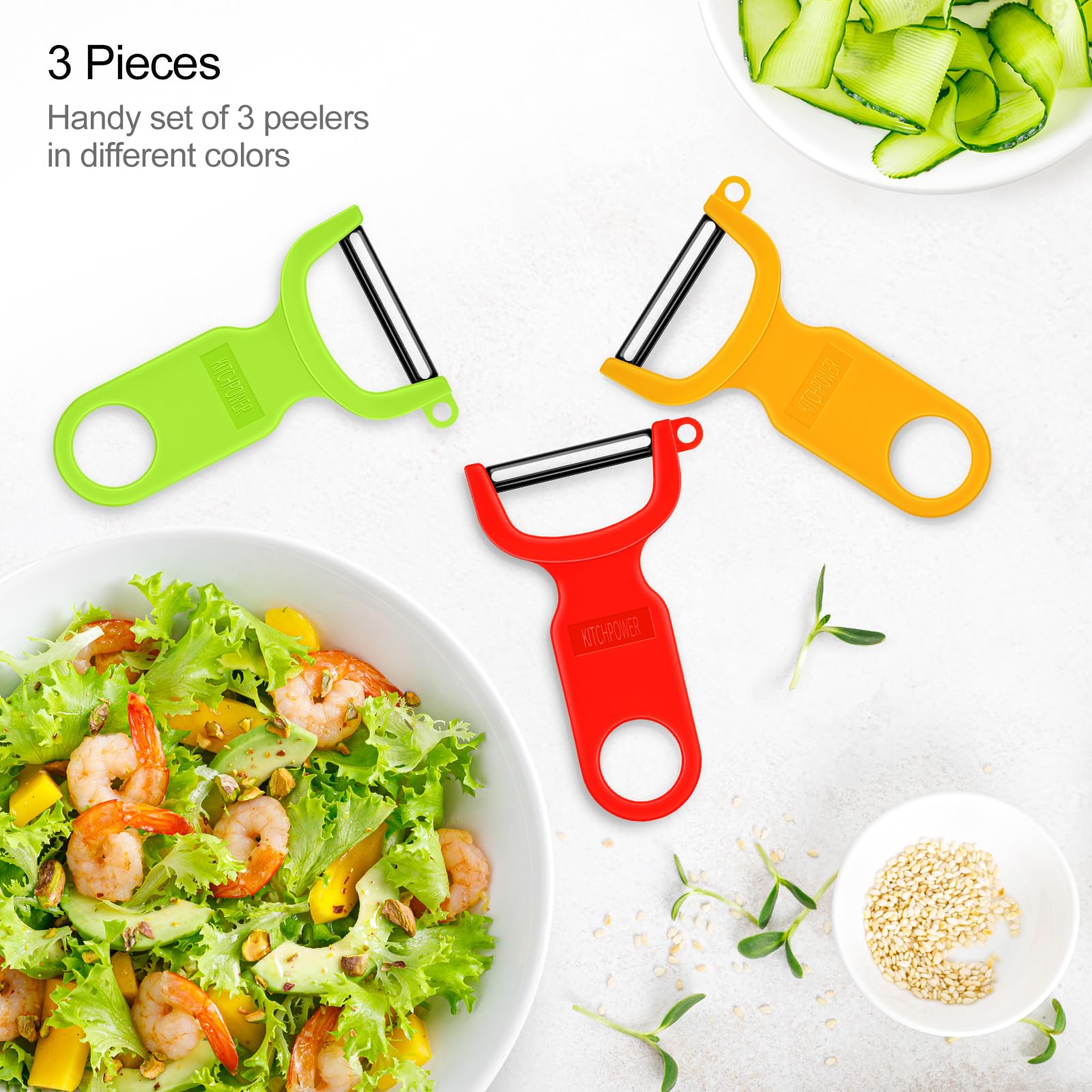 KITCHPOWER pelador verde, mango ergonómico, uso cómodo para manos cansadas.