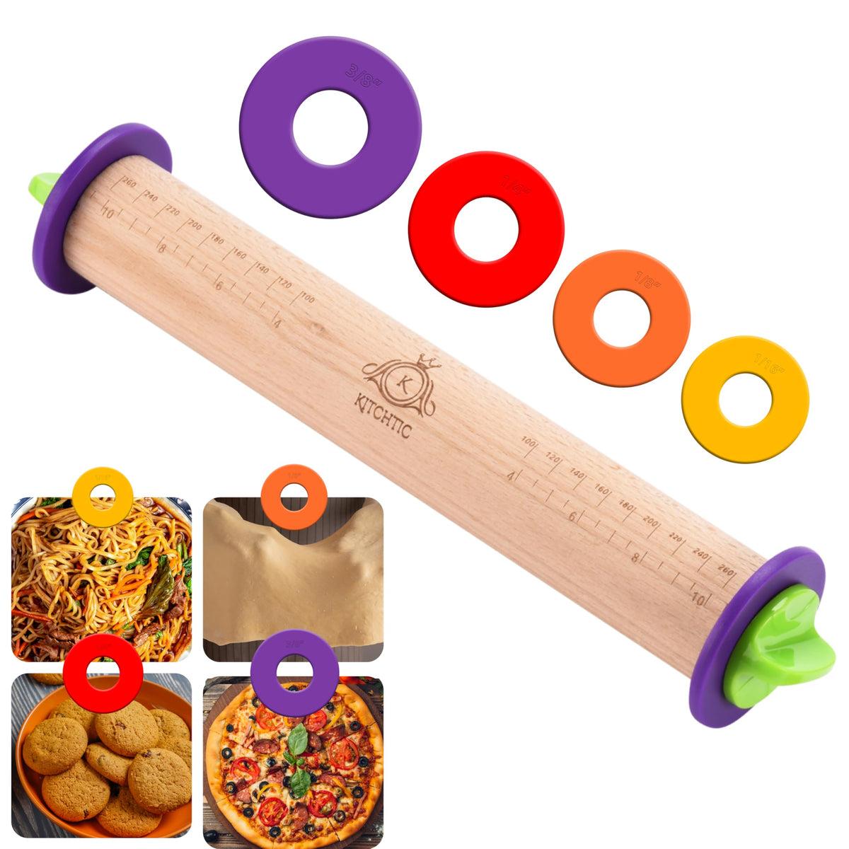 Kitchtic rodillo regulable con anillos de grosor para masa uniforme.