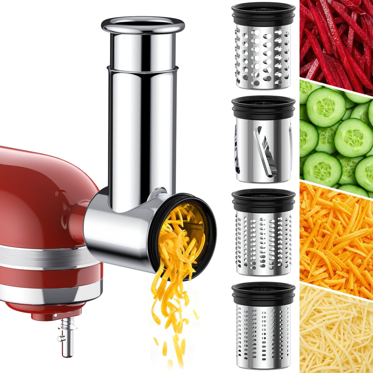 Kitchwiyte accesorio cortador-rallador de acero inoxidable para KitchenAid, facilita cortes rápidos.