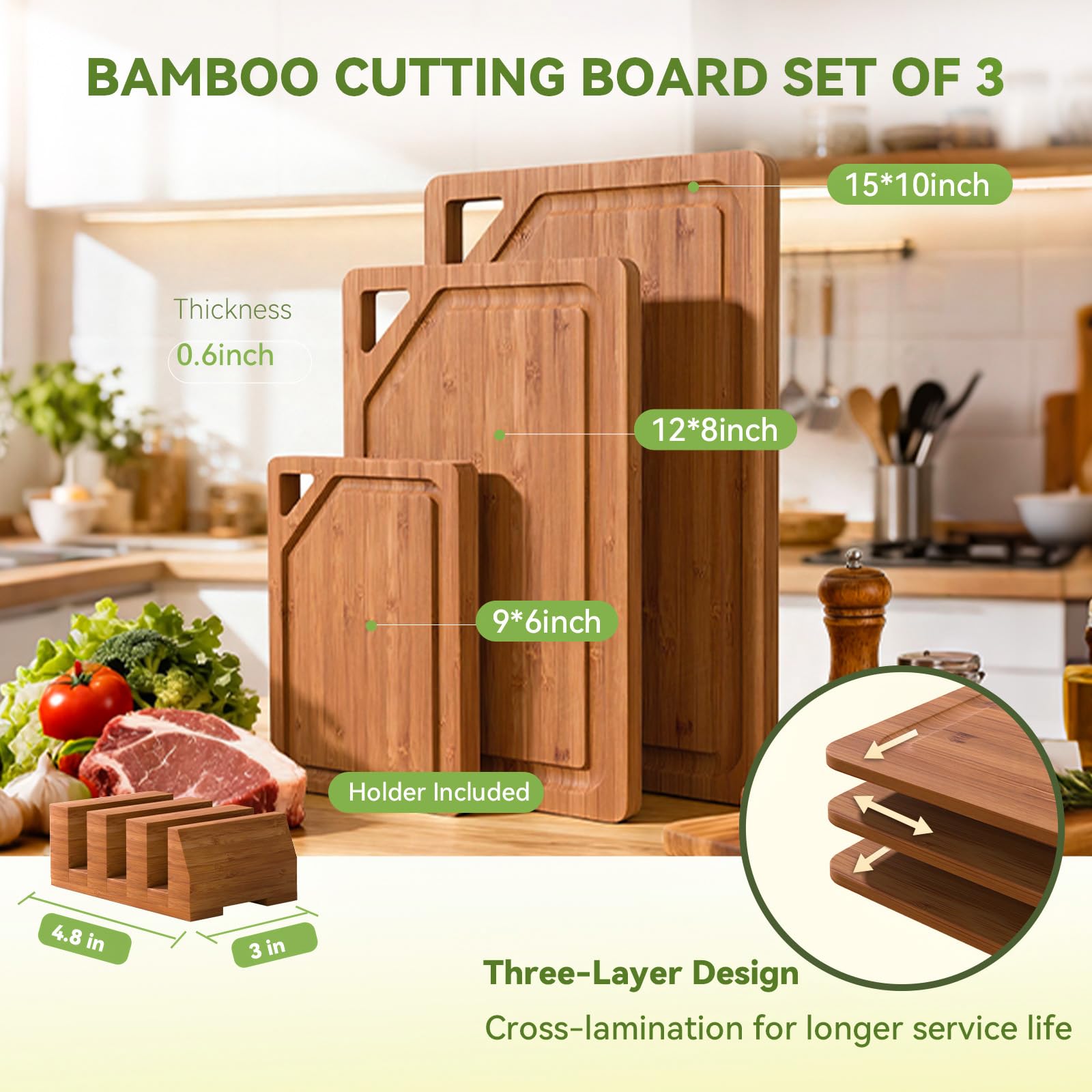 KITCWIZ tabla de madera mediana ideal para frutas y hortalizas.