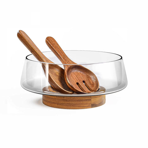 KITEISCAT ensaladera de cristal tamaño extra con base de acacia para presentación elegante.