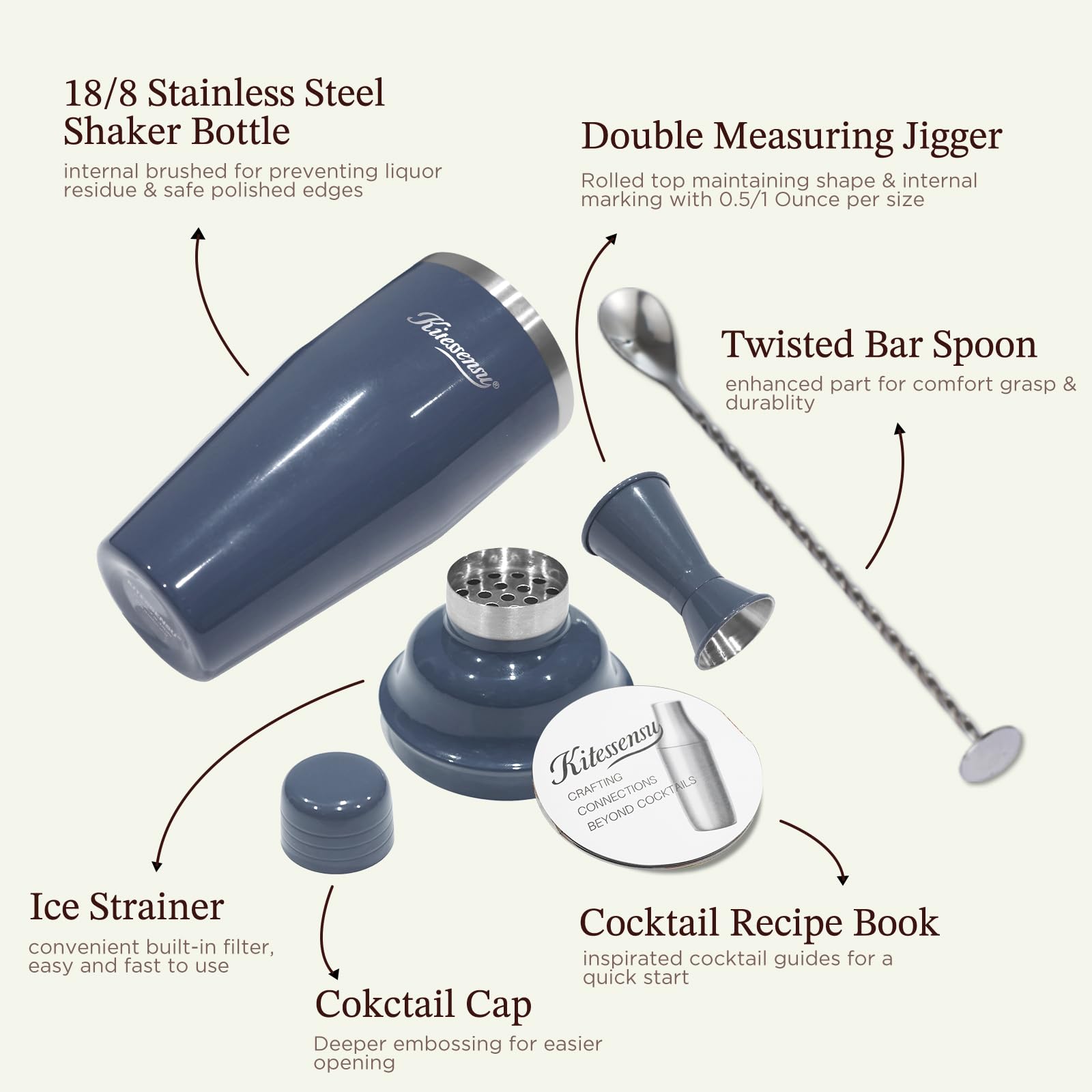 Kitessensu coctelera navy, diseño moderno, accesorio elegante para barra en casa.