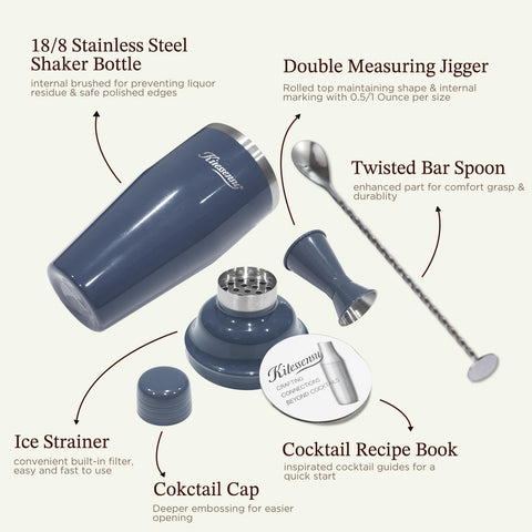 Kitessensu coctelera navy, diseño moderno, accesorio elegante para barra en casa.