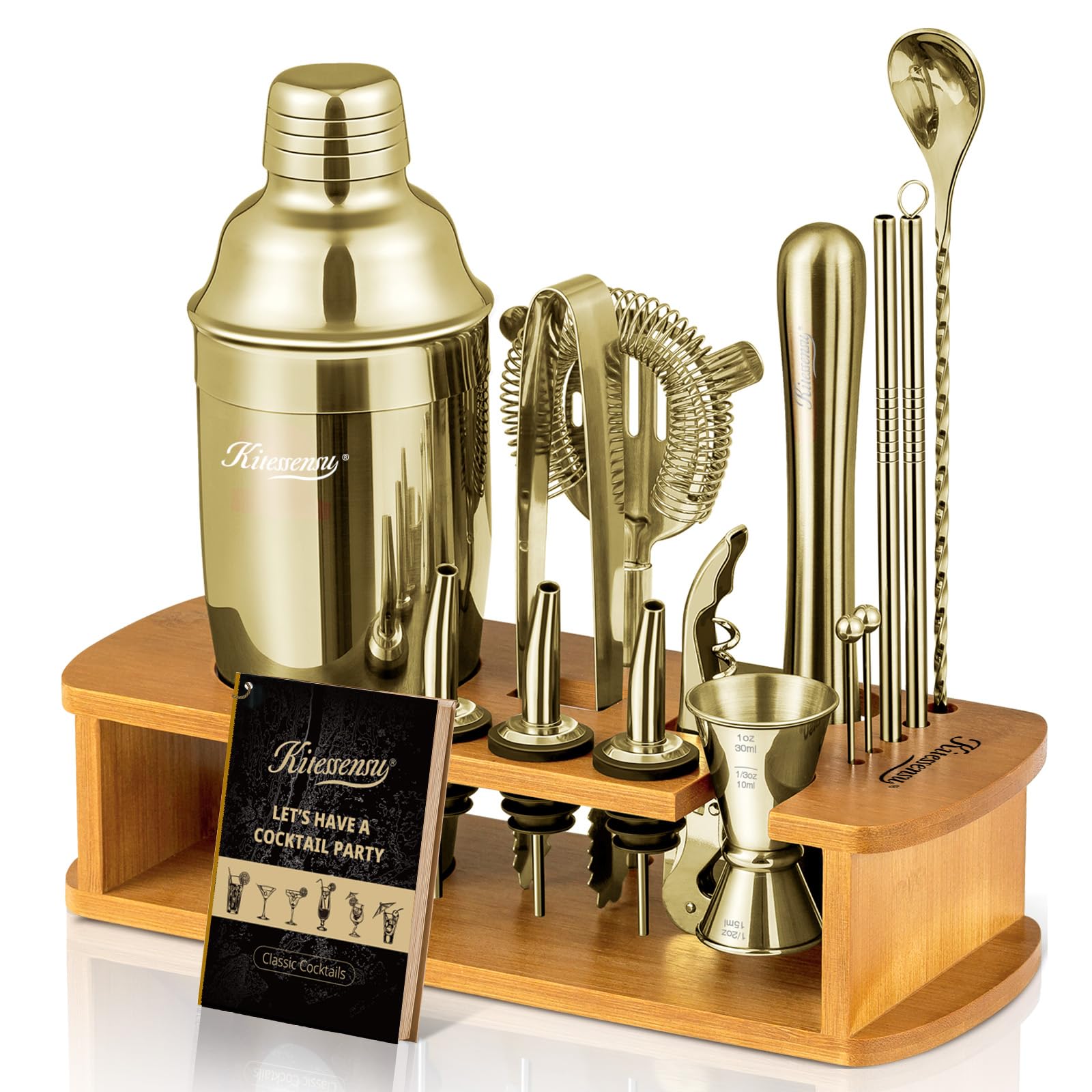 KITESSENSU conjunto de coctelería con soporte dorado completo para exhibición en barra.