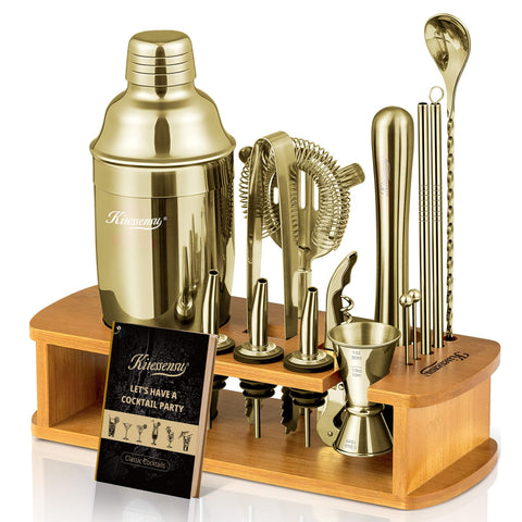 KITESSENSU conjunto de coctelería con soporte dorado completo para exhibición en barra.