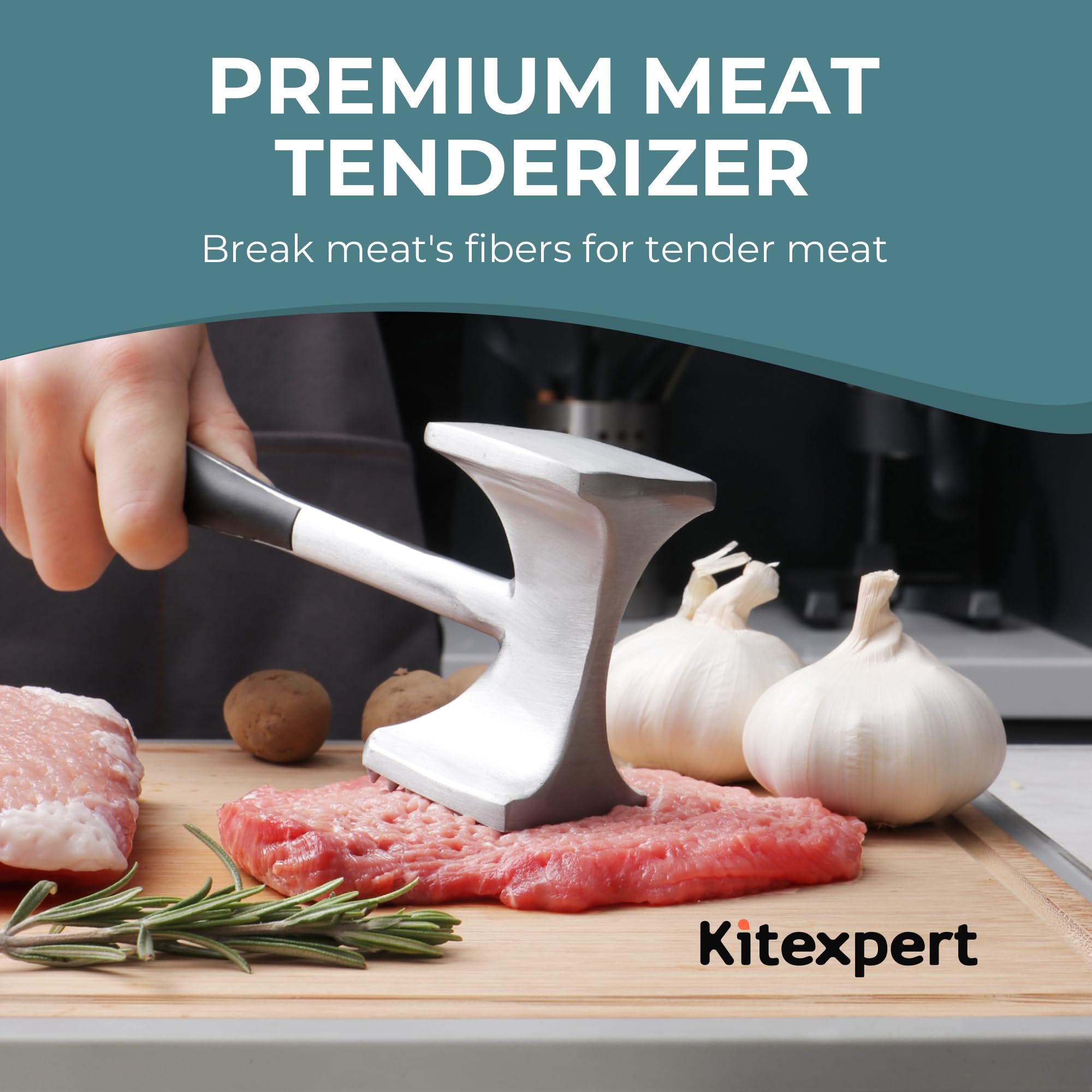 Ablandador de carne KITEXPERT de doble cara, rugosa y lisa para bistecs uniformes.
