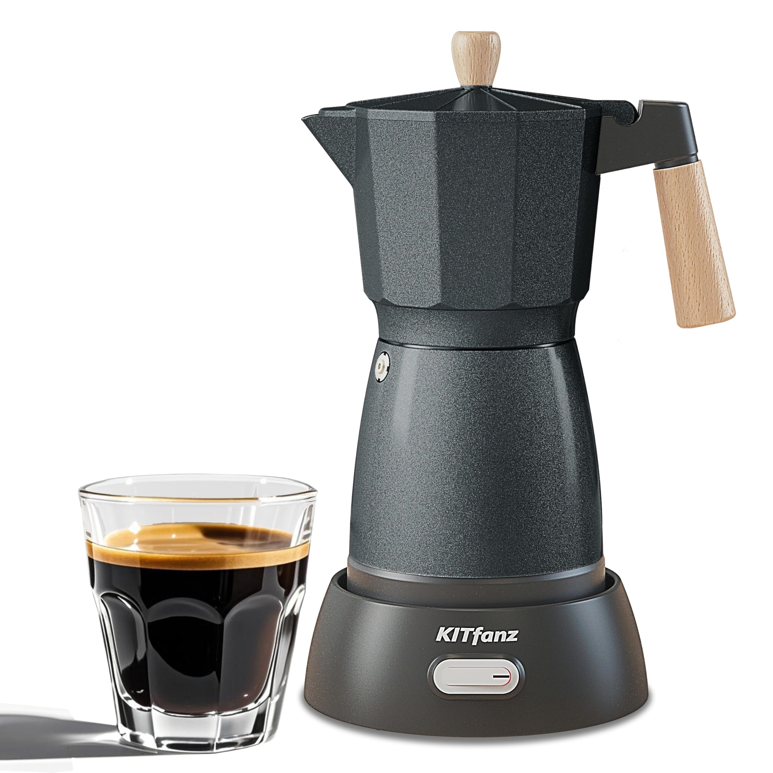KITfanz cafetera moka eléctrica, vista frontal, ideal para preparar 3 tazas de café en minutos.
