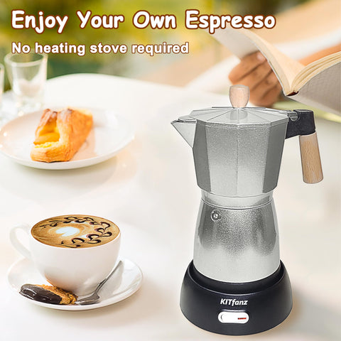KITfanz cafetera moka eléctrica, base desmontable, limpieza rápida y sencilla tras cada uso.