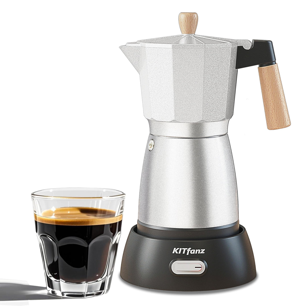 KITfanz cafetera moka eléctrica, vista frontal, lista para preparar espresso auténtico en casa