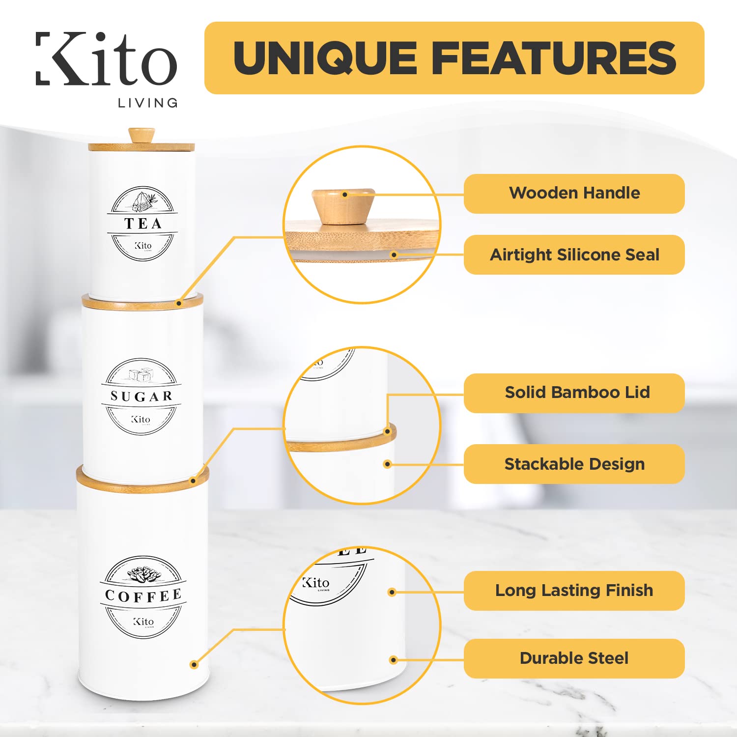 Kito LIVING contenedores de acero duraderos para almacenamiento ordenado y limpio.