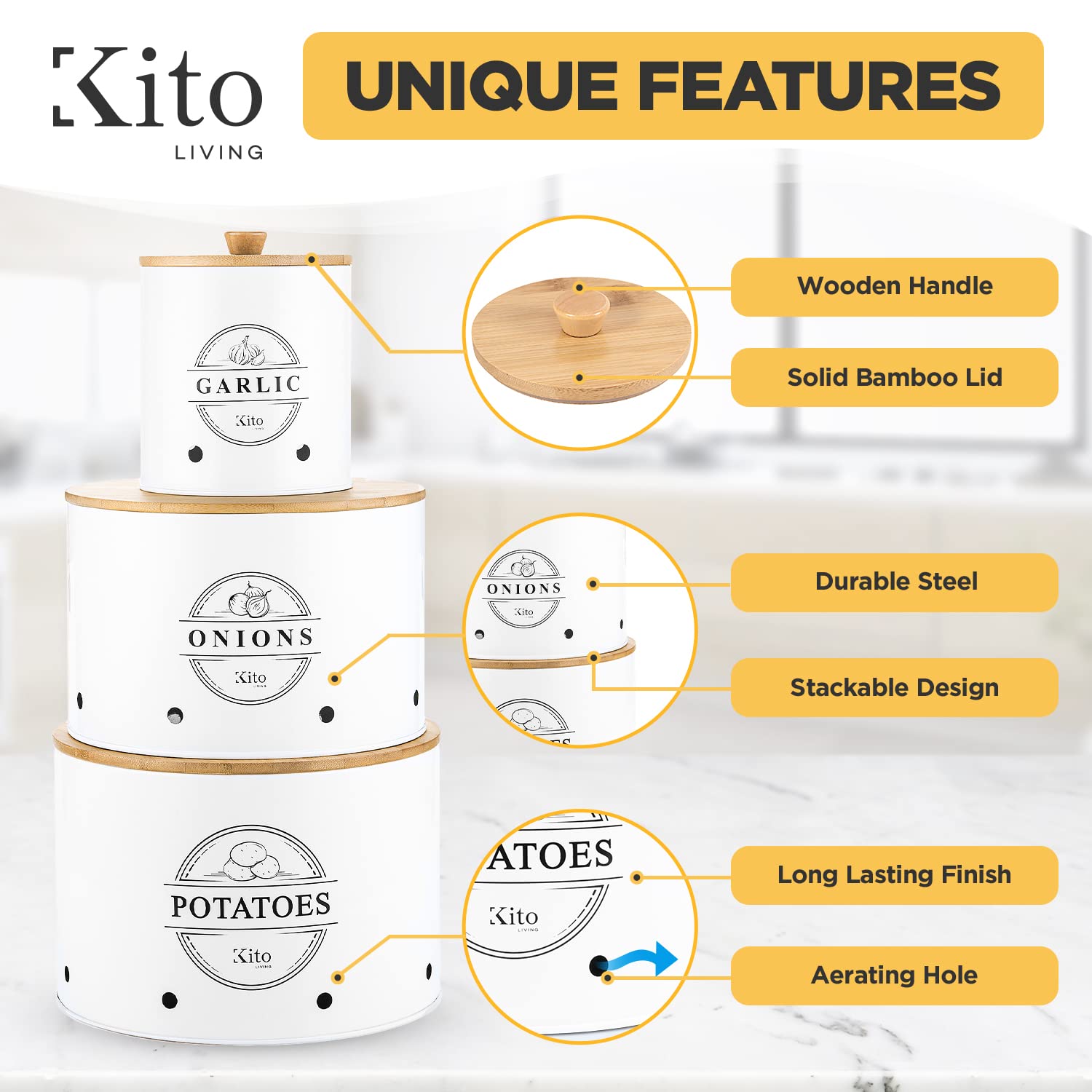 Contenedores Kito LIVING para cebollas, tapas de bambú y base estable.