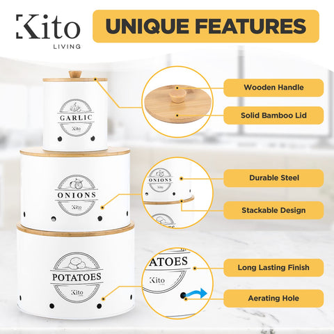 Contenedores Kito LIVING para cebollas, tapas de bambú y base estable.