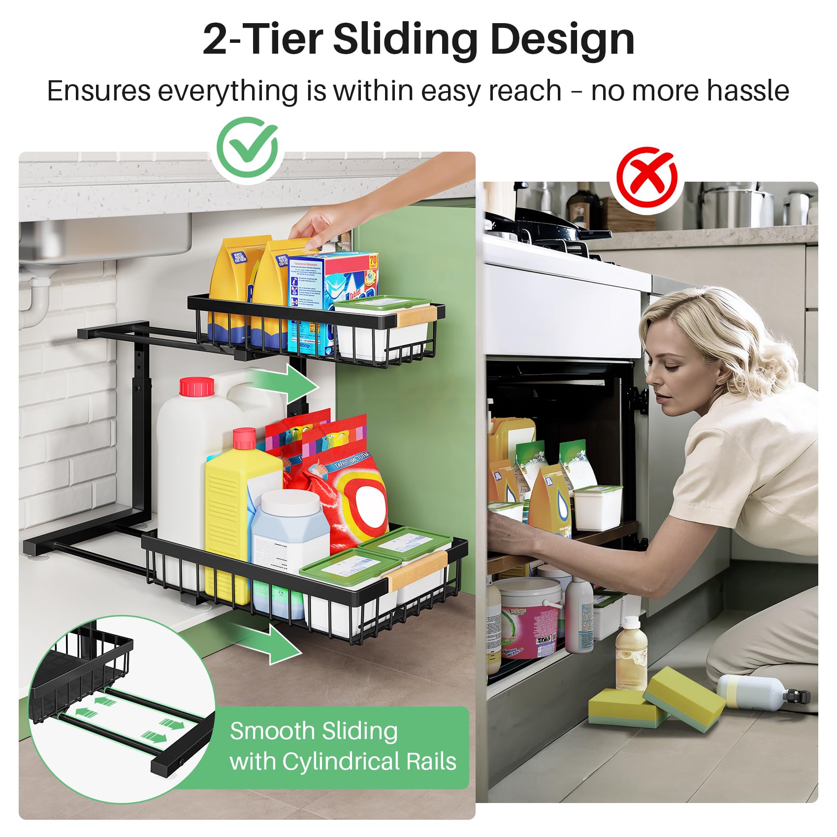 Kitstorack organizador bajo fregadero deslizante 2 niveles, instalación segura.