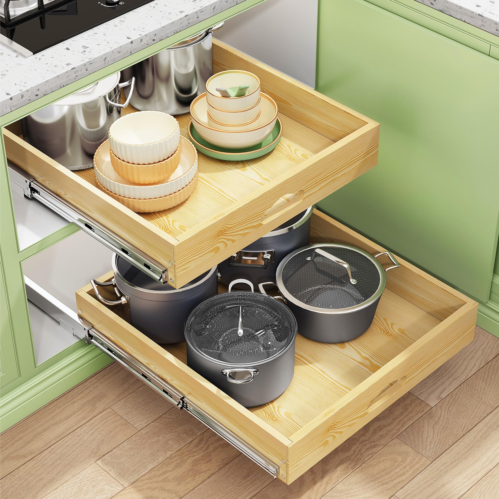 Kitstorack cajón deslizante instalado en armario de cocina para acceso rápido.