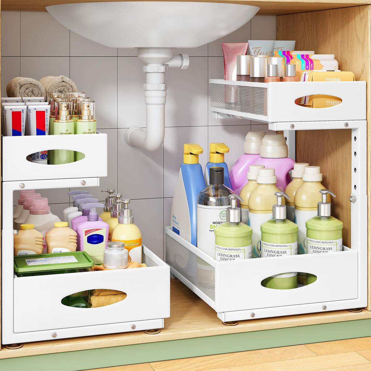 Kitstorack Organizador bajo fregadero 2 niveles, aprovecha espacio para botellas y productos de limpieza.