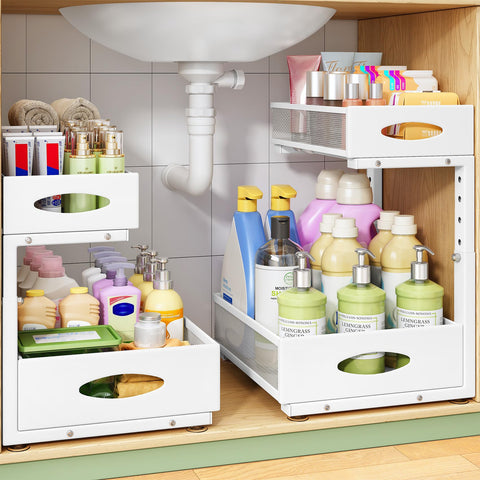 Kitstorack Organizador bajo fregadero 2 niveles, aprovecha espacio para botellas y productos de limpieza.