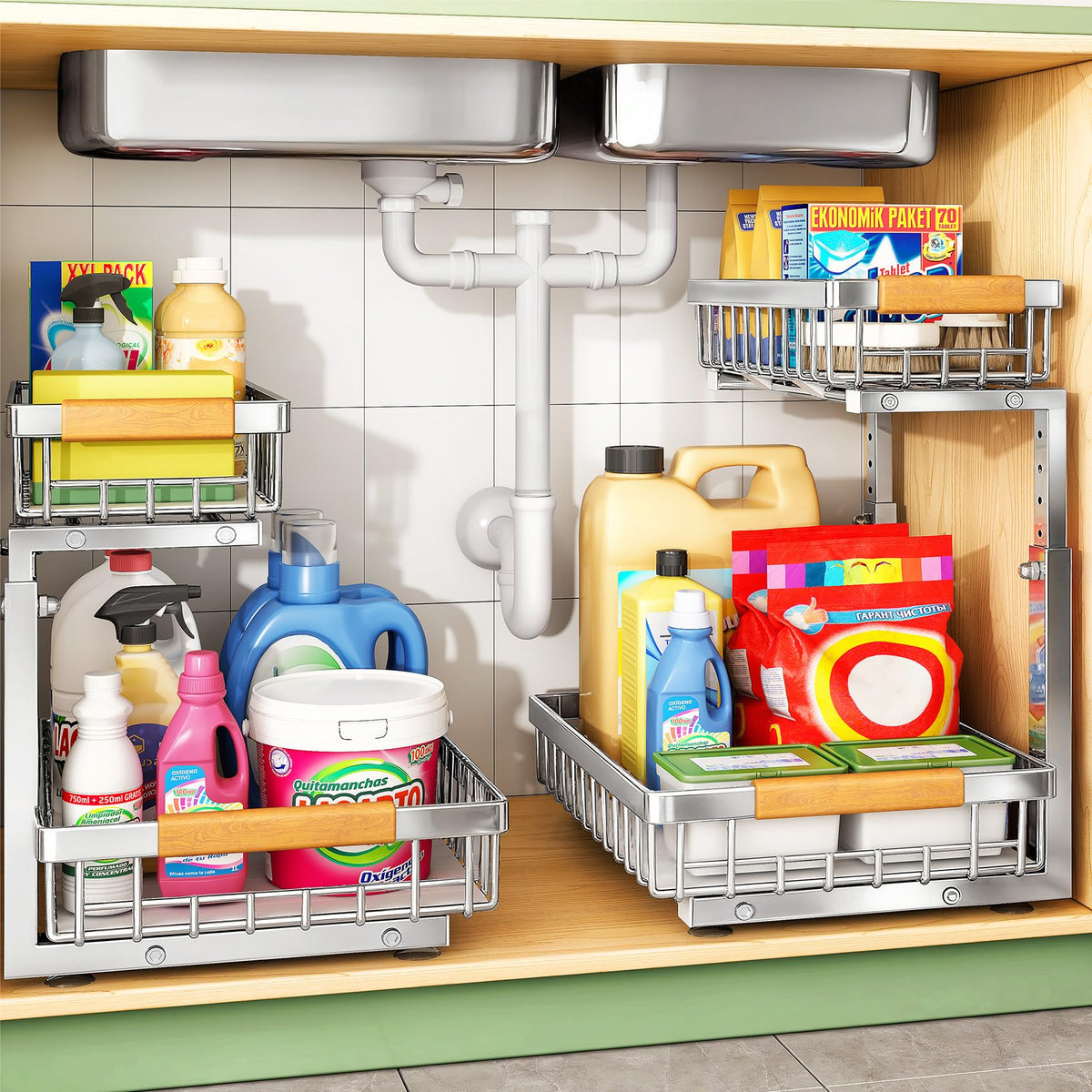 Kitstorack organizador bajo fregadero de dos niveles para mayor capacidad de almacenamiento.