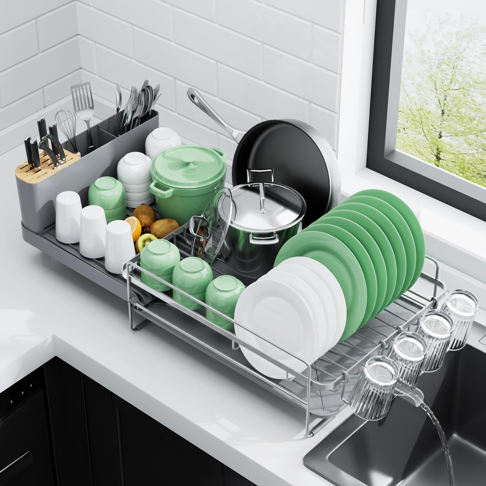 Kitsure bandeja de secado extensible para platos y cubiertos, manteniendo la encimera ordenada
