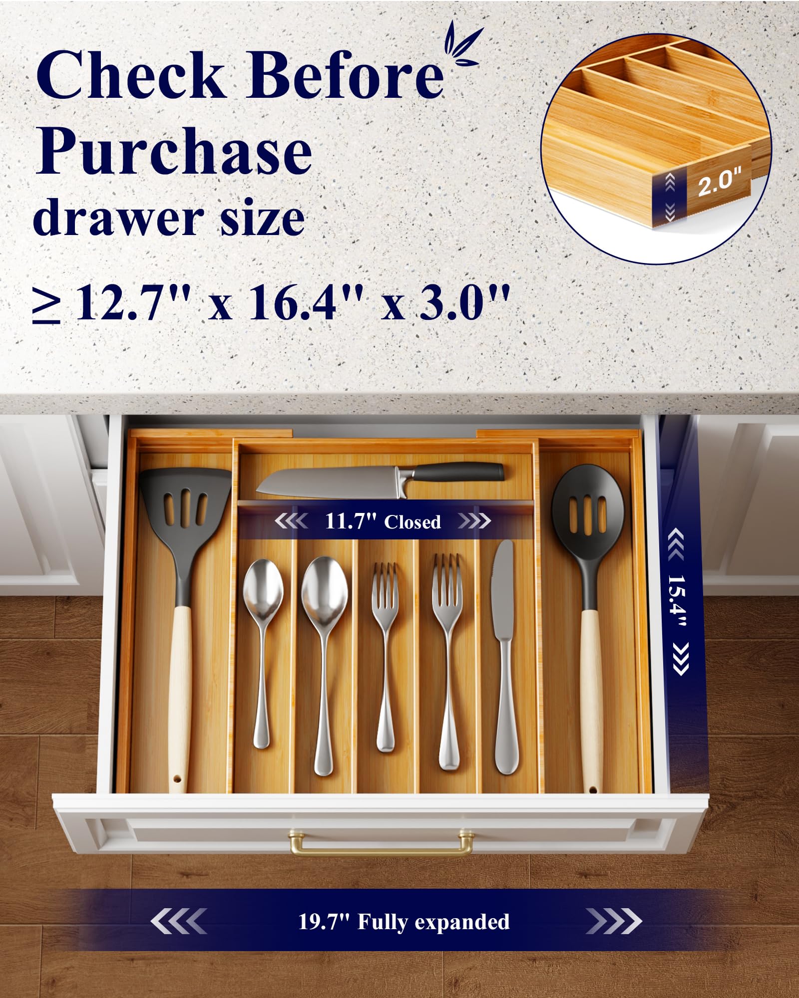 Kitsure: cajón expandible con 6–8 compartimentos para mantener utensilios ordenados.