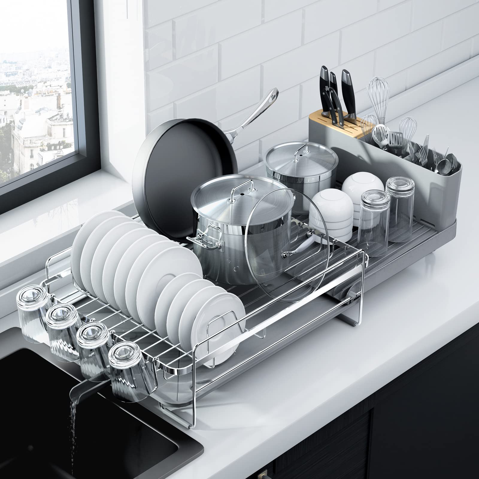 Kitsure secadero grande extensible para platos con bandeja: organización eficiente.