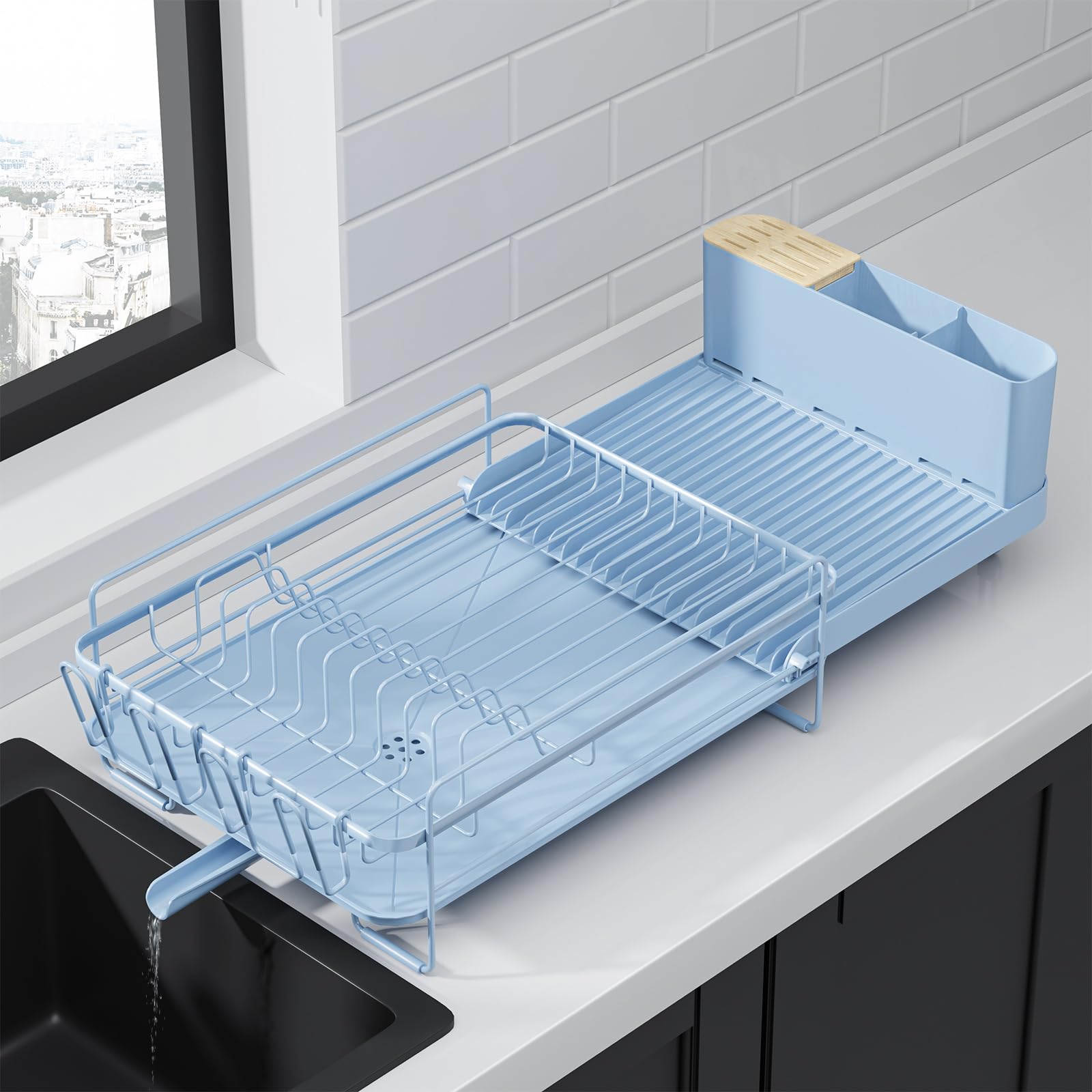 Kitsure escurridor de platos extensible con drenaje para una cocina ordenada.
