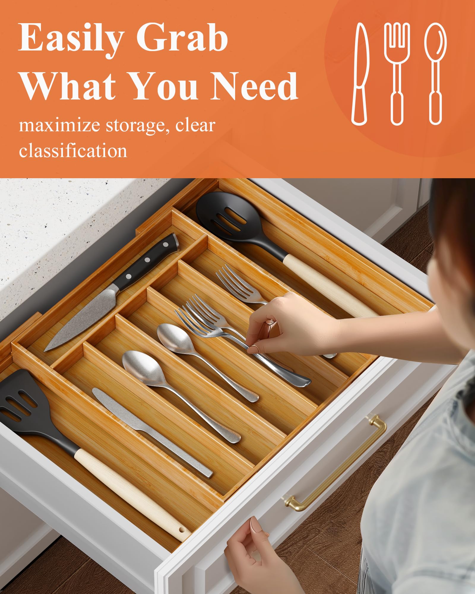 Kitsure: organizador de bambú con acabado natural aporta calidez a la cocina.
