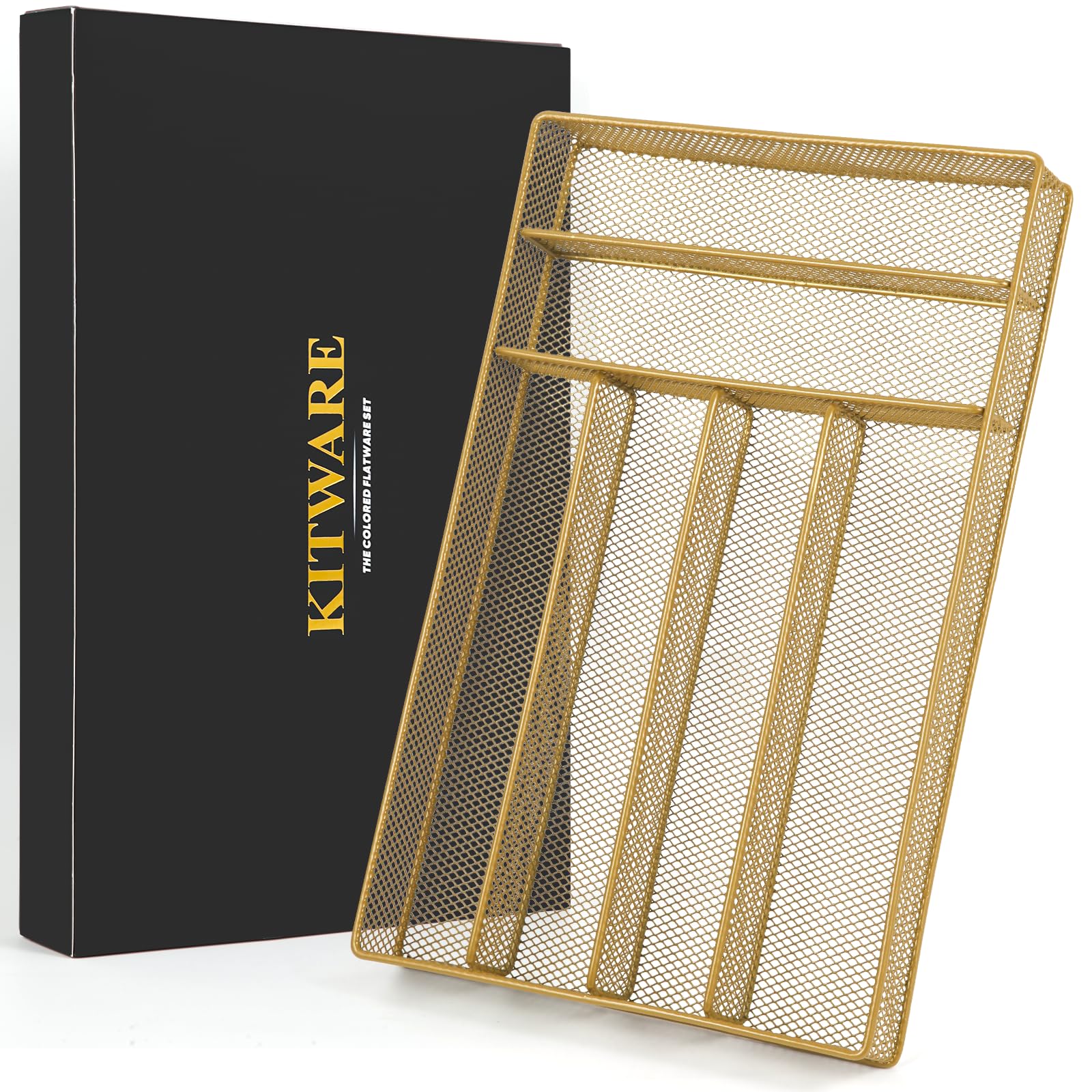 Cubiertos mantenidos ordenados con el organizador dorado Kitware en cajón.